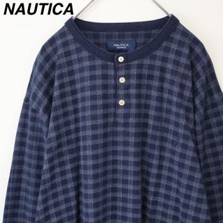 ノーティカ(NAUTICA)の【ヘンリーネック】ノーティカ／ロンT　刺繍ロゴ　Lサイズ　青系　チェック柄　希少(Tシャツ/カットソー(七分/長袖))