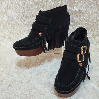 ジェフリーキャンベル(JEFFREY CAMPBELL)のジェフリーキャンベル　フリンジブーツ　ダブルモンク　ゴールド金具　厚底　スエード(ブーティ)