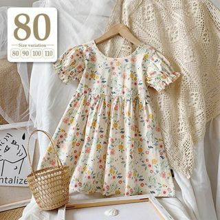 80cm〔小花柄半袖ワンピース〕パフ袖レトロ上品キッズ子供 プティマイン春夏ベベ(ワンピース)