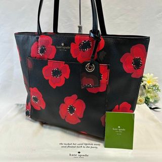 ケイトスペードニューヨーク(kate spade new york)の【極美品】ケイトスペード 花柄 フラワー トートバック レザー 黒 赤 A4可(トートバッグ)