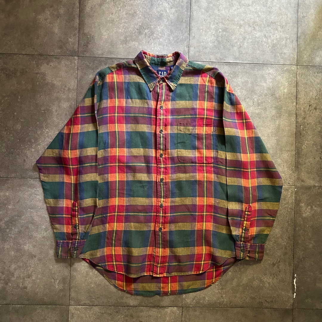 GAP(ギャップ)の90s old GAP オールドギャップ リネンシャツ L レッド×グリーン メンズのトップス(シャツ)の商品写真