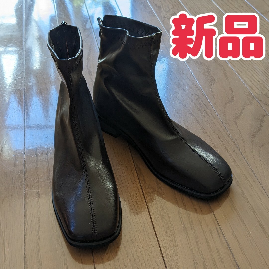 新品 ショートブーツ ブラウン 茶色 24cm レインブーツ スクエアトゥ 焦茶 レディースの靴/シューズ(ブーツ)の商品写真