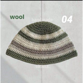 wool / ボーダー クロシェハット クラッシャーハット 手編み(ニット帽/ビーニー)
