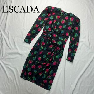 エスカーダ(ESCADA)のESCADA エスカーダ ワンピース 黒 花柄 36サイズ 長袖 ミモレ丈(ひざ丈ワンピース)