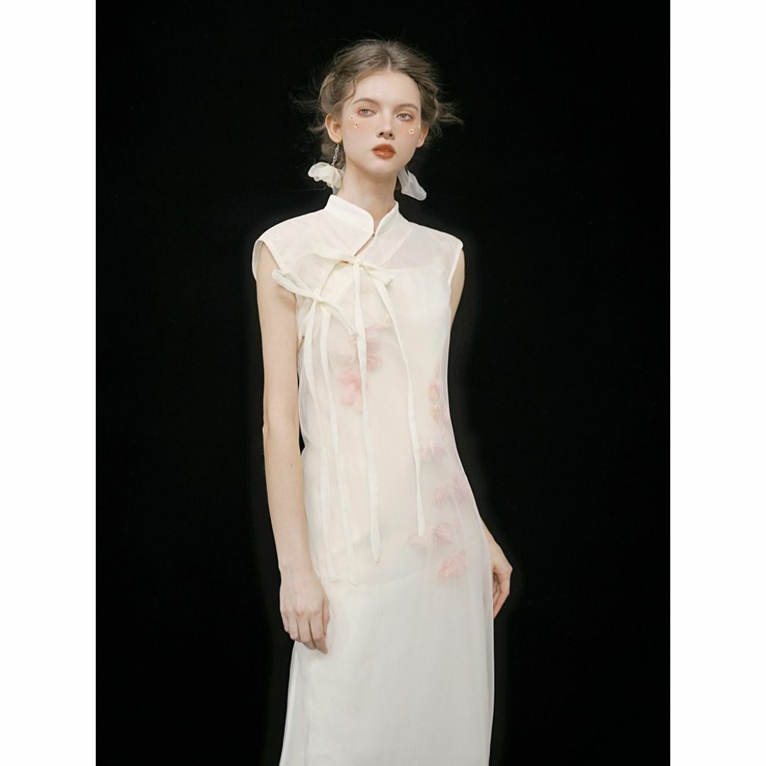 Lois CRAYON(ロイスクレヨン)のSuji チャイナドレス ワンピース インナー付き フラワー リボン ホワイト レディースのワンピース(ロングワンピース/マキシワンピース)の商品写真