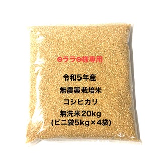 ☻ララ☻様専用 無農薬コシヒカリ無洗米20kg(5kg×4)ビニ袋梱包(米/穀物)