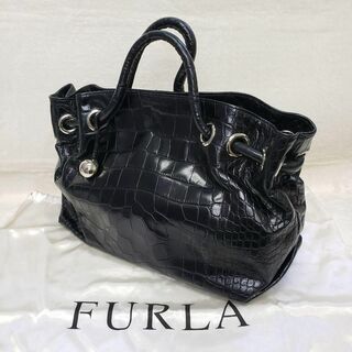 フルラ(Furla)のFURLA ハンドバッグ　レザー　クロコ型押し　チャーム　黒(ハンドバッグ)