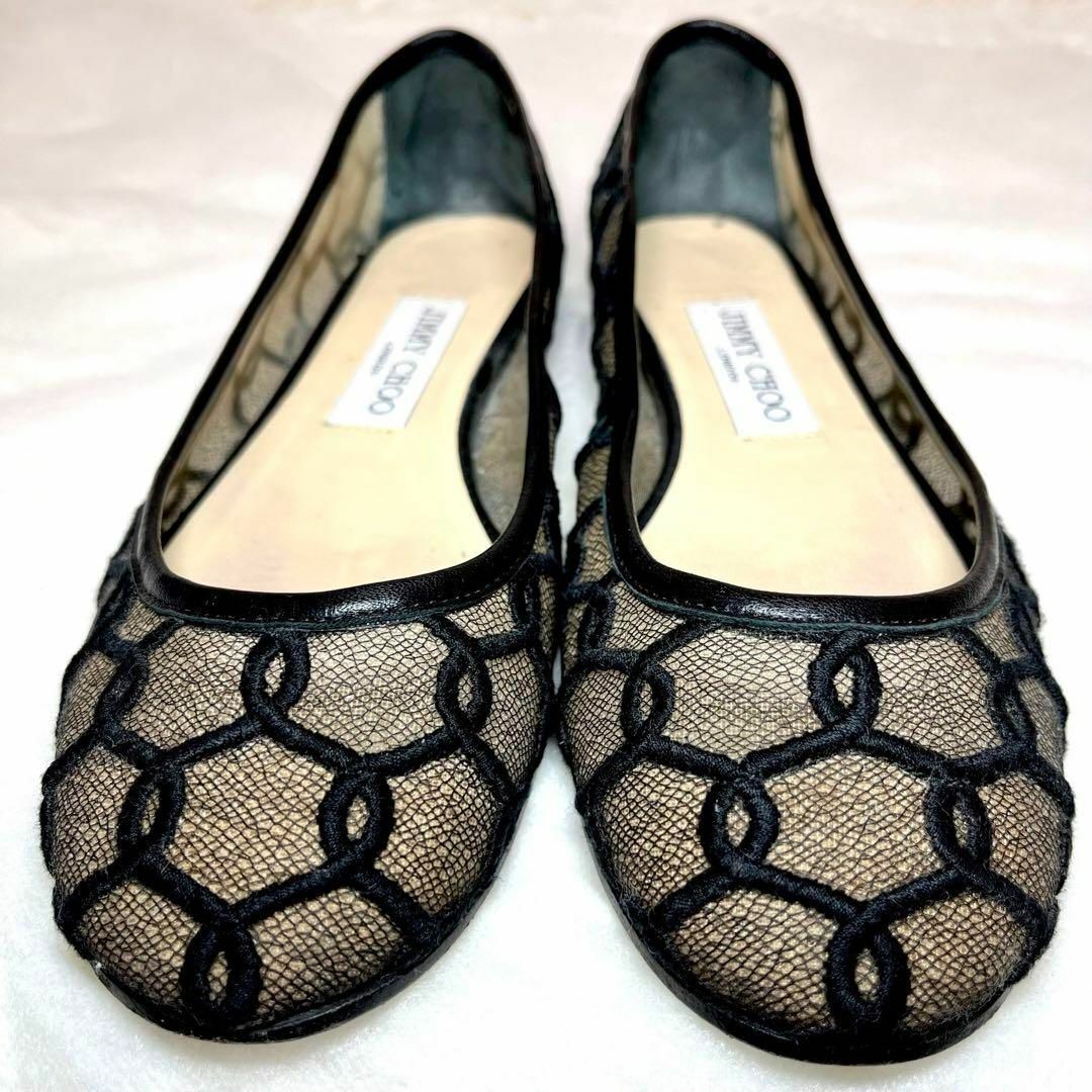 JIMMY CHOO(ジミーチュウ)の希少★ジミーチュウ　フラットパンプス　メッシュ　黒　37 24cm レディースの靴/シューズ(バレエシューズ)の商品写真