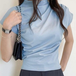 シーイン(SHEIN)のulysses ハイネックドレープTシャツ　ブルー(シャツ/ブラウス(半袖/袖なし))