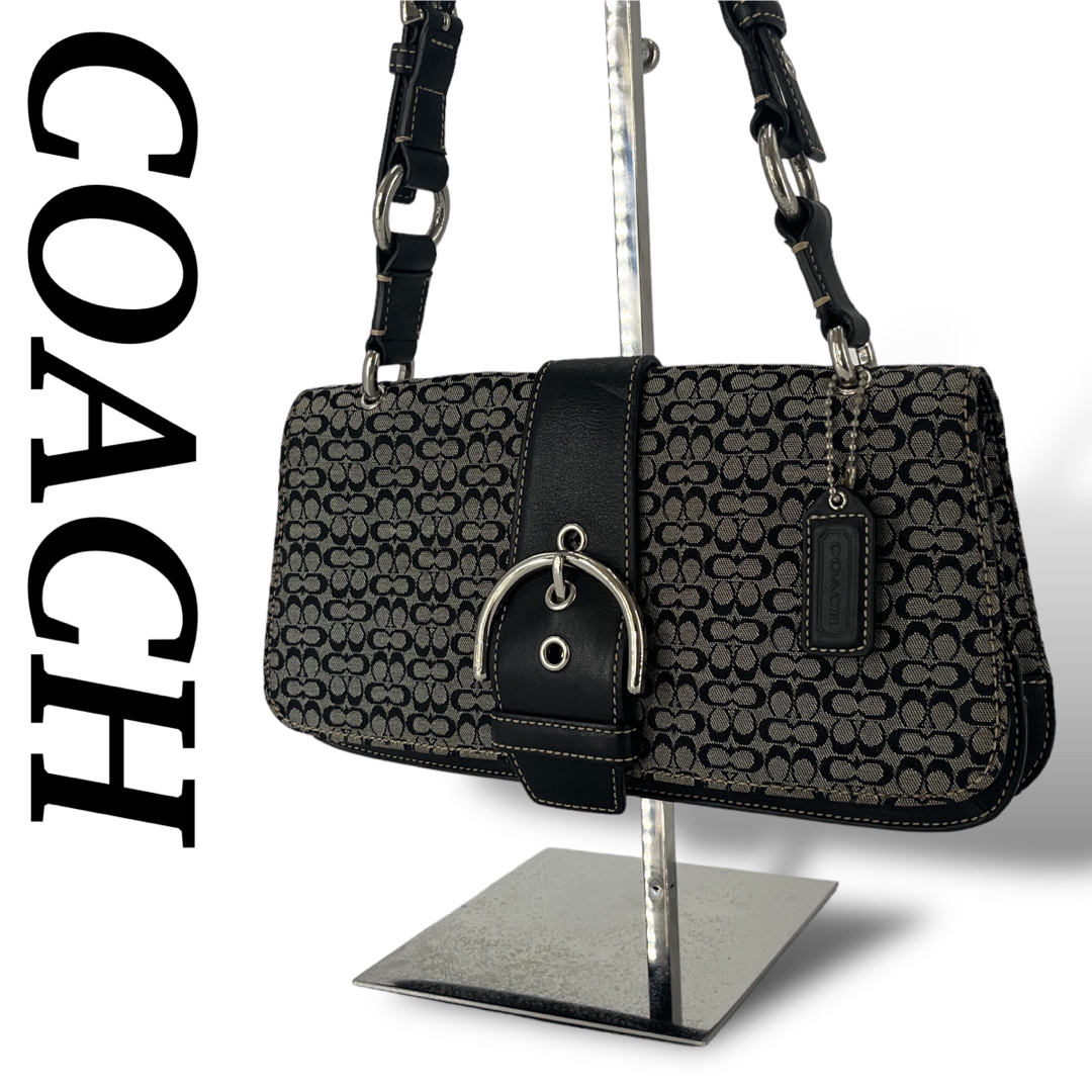 COACH(コーチ)のコーチ　アクセサリーポーチ　肩掛け可　シグネチャー　グレー　キャンバス　レザー レディースのバッグ(ハンドバッグ)の商品写真