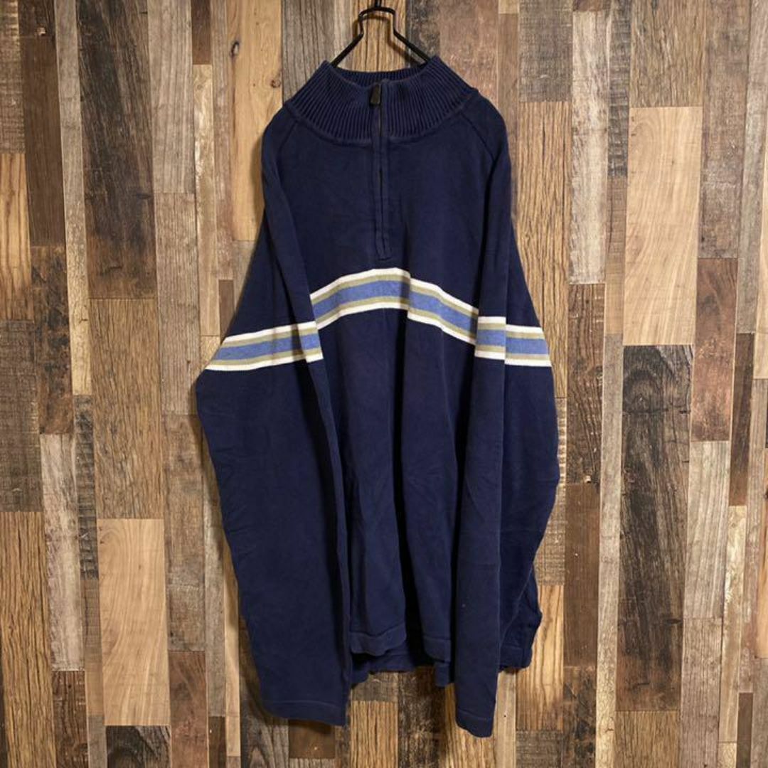 TOMMY HILFIGER(トミーヒルフィガー)のトミーヒルフィガー ハーフジップ ニット 紺 ボーダー古着 長袖 スウェット メンズのトップス(ニット/セーター)の商品写真