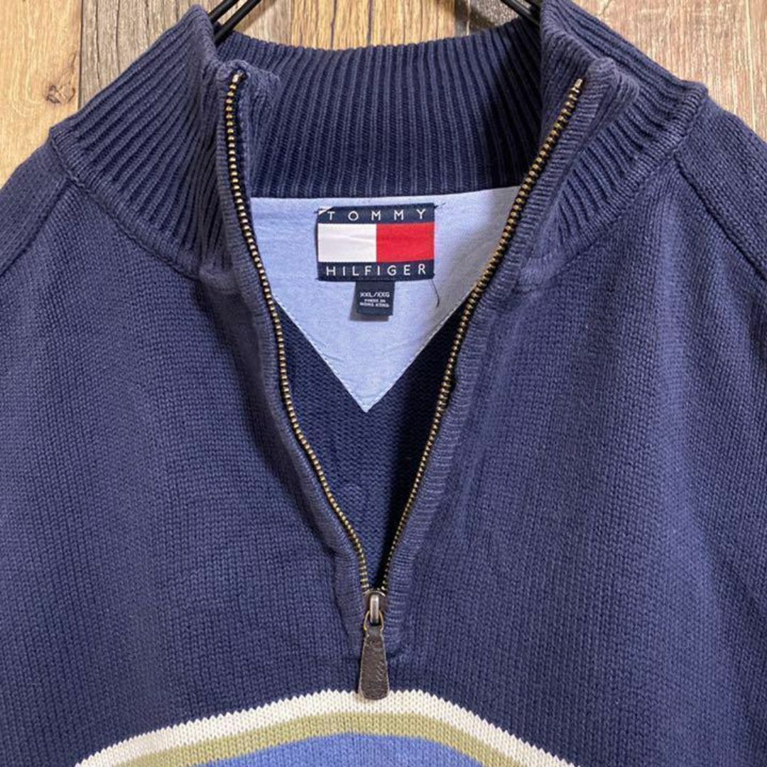 TOMMY HILFIGER(トミーヒルフィガー)のトミーヒルフィガー ハーフジップ ニット 紺 ボーダー古着 長袖 スウェット メンズのトップス(ニット/セーター)の商品写真