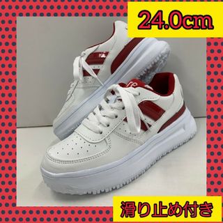 24.0cm★新品★レディース ライン 厚底 フェイクレザーシューズ 白赤(スニーカー)