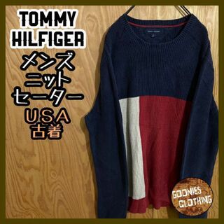 トミーヒルフィガー(TOMMY HILFIGER)のトミー ヒルフィガー US古着 90s 長袖 ニット セーター ネイビー メンズ(ニット/セーター)