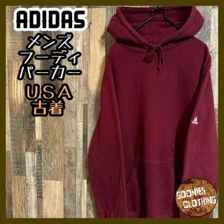 アディダス(adidas)のアディダス パーカー フーディ ロゴ ワインレッド Lサイズ 刺繍 USA古着(パーカー)