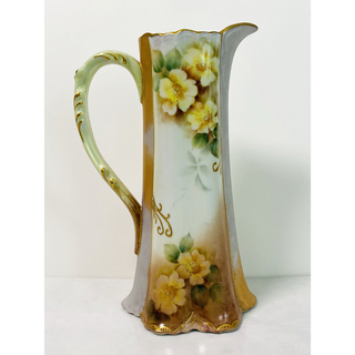【 未使用 】高さ25.5㎝  金彩  陶器製 「春を呼ぶ黄色い花」 ピッチャー(置物)