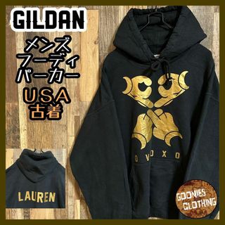 GILDAN パーカー フーディ バックプリント ブラック L 黒 USA古着(パーカー)