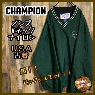 チャンピオン(Champion)のチャンピオン Vネック ナイロン チームロゴ 2XL 緑 古着 長袖 アウター(ナイロンジャケット)