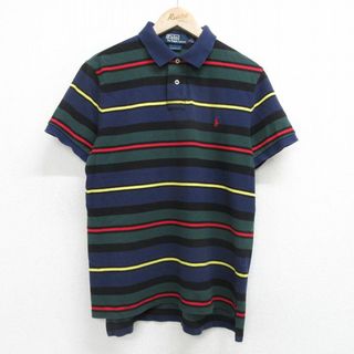 ラルフローレン(Ralph Lauren)のL★古着 ラルフローレン Ralph Lauren 半袖 ブランド ポロ シャツ メンズ 90年代 90s ワンポイントロゴ マルチカラー 鹿の子 コットン 紺他 ネイビー ボーダー 24apr09 中古 トップス(ポロシャツ)