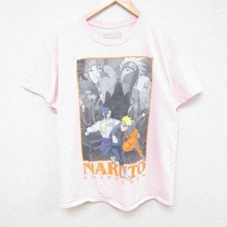 L★古着 半袖 Tシャツ メンズ アニメ NARUTO ナルト疾風伝 うちはサスケ コットン クルーネック ピンク 24apr09 中古(Tシャツ/カットソー(半袖/袖なし))