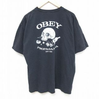 オベイ(OBEY)のXL★古着 オベイ OBEY 半袖 Tシャツ メンズ スカル 大きいサイズ コットン クルーネック 黒 ブラック 24apr09 中古(Tシャツ/カットソー(半袖/袖なし))