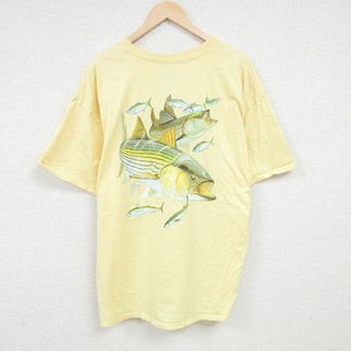 XL★古着 半袖 Tシャツ メンズ 魚 胸ポケット付き 大きいサイズ コットン クルーネック 黄 イエロー 24apr09 中古(Tシャツ/カットソー(半袖/袖なし))