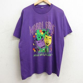 XL★古着 半袖 ビンテージ Tシャツ メンズ 00年代 00s 仮面 マルディグラ 大きいサイズ クルーネック 紫 パープル 24apr09 中古(Tシャツ/カットソー(半袖/袖なし))