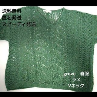 グローブ(grove)の美品❤grove 春服 セーター ラメ 緑 グリーン サイズM　編み込み 重ね着(ニット/セーター)