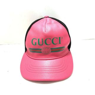 GUCCI(グッチ) キャップ ピンク×黒×マルチ ロゴ/インターロッキングG レザー×ナイロン