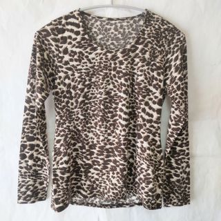 ☆美品 PLUSIV ヒョウ柄 クールネックニット カットソー ロングTシャツ(カットソー(長袖/七分))