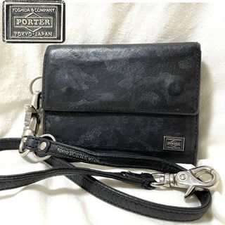 ポーター(PORTER)の良品【PORTER】本革 三つ折り財布 迷彩×黒　ストラップ付(折り財布)