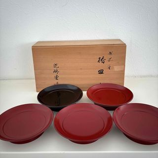 タチキチ(たち吉)の未使用☆越前漆器光琳堂椿皿5枚揃い古代朱漆塗木箱入り越前塗り小皿菓子皿(食器)