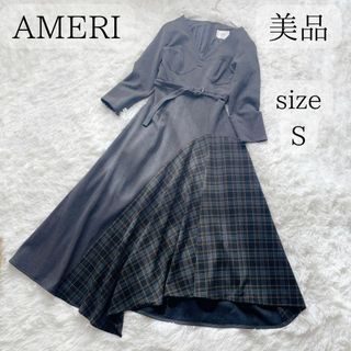 アメリヴィンテージ(Ameri VINTAGE)のAMERI 日本製 チェック 切り替え ロングワンピース 7分袖 S 黒石奈緒子(ロングワンピース/マキシワンピース)