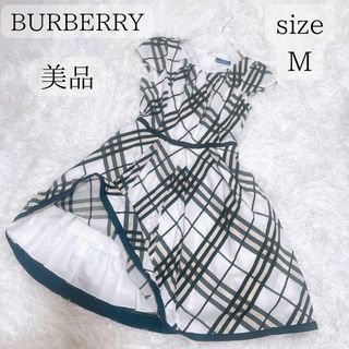 バーバリーブルーレーベル(BURBERRY BLUE LABEL)のBURBERRY LONDON コットン リネン フレアワンピース 春 M 白黒(ひざ丈ワンピース)