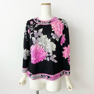 2d10-5 LEONARD レオナール 9分袖 ニット セーター 美しい花柄プリント サイズM ブラック×ピンク ウールシルク レディース 日本製