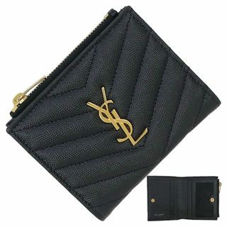 イヴサンローラン(Yves Saint Laurent)のサンローラン YSLモノグラム バイフォールド ウォレット 二つ折り財布 Vステッチ エンボレスカーフレザー ブラック ゴールド レディース 新品 523277(財布)