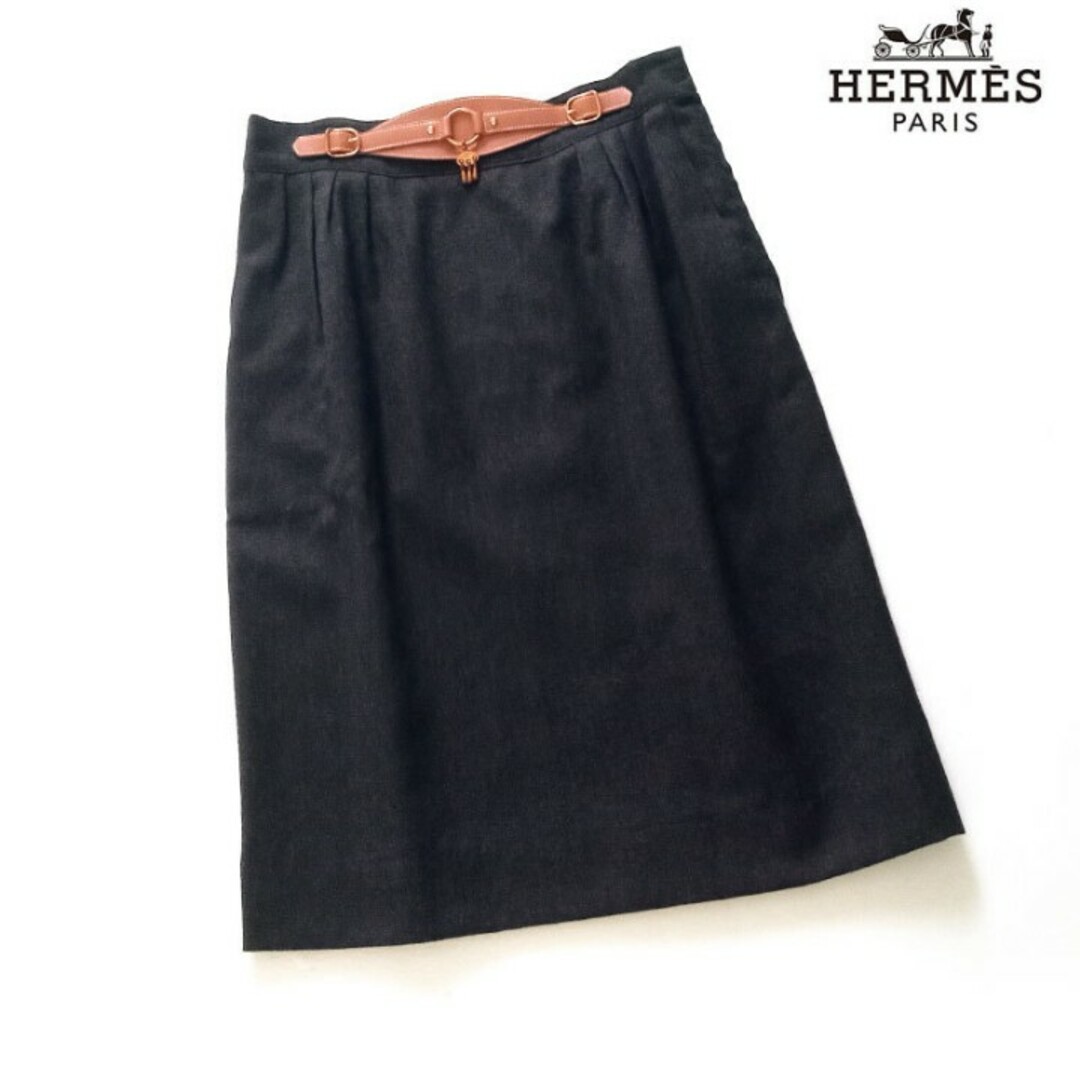 Hermes(エルメス)のエルメス HERMES■ウール×カシミヤ スカート レザーベルト ブラック レディースのスカート(ひざ丈スカート)の商品写真