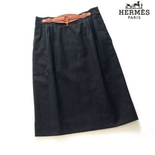 エルメス(Hermes)のエルメス HERMES■ウール×カシミヤ スカート レザーベルト ブラック(ひざ丈スカート)