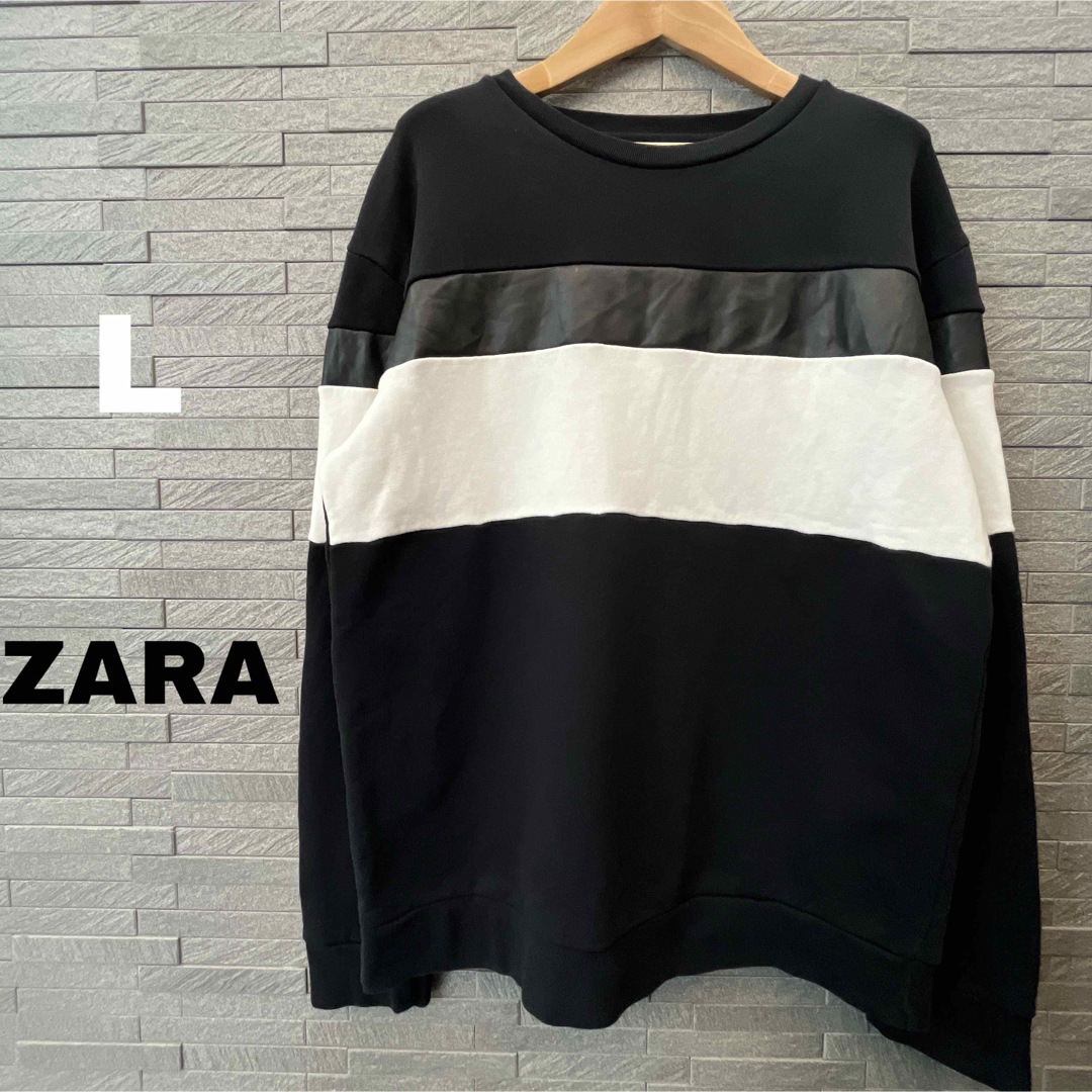 ZARA(ザラ)のザラ ZARA メンズ 切替トレーナー　レザー 黒×白 スウェット パーカー L メンズのトップス(パーカー)の商品写真