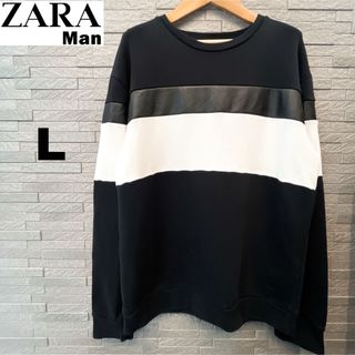 ザラ(ZARA)のザラ ZARA メンズ 切替トレーナー　レザー 黒×白 スウェット パーカー L(パーカー)