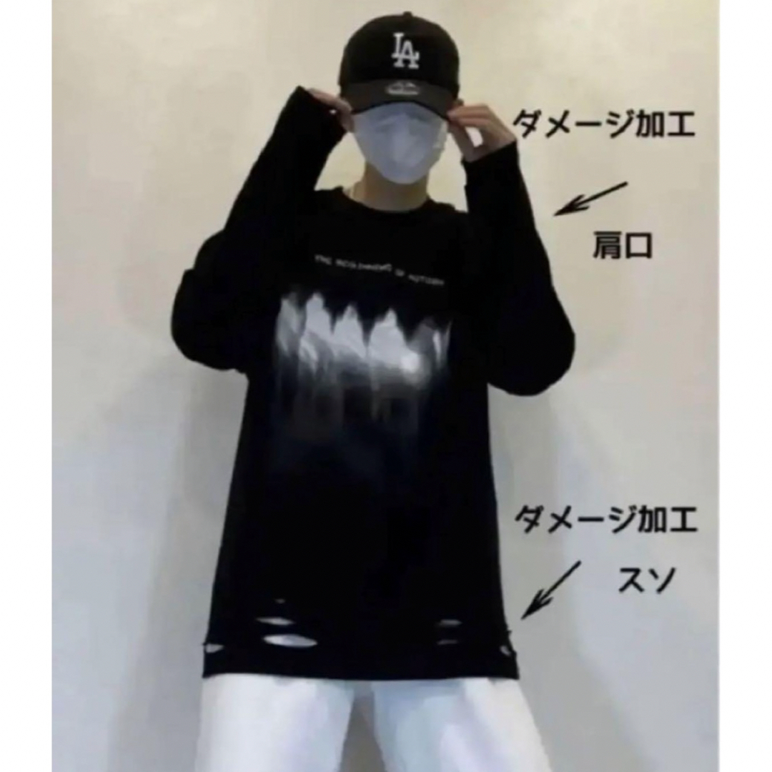 新品タグ付 ダメージ加工プリント ロンT 長袖 Tシャツ ストリート 韓国 黒M メンズのトップス(Tシャツ/カットソー(七分/長袖))の商品写真