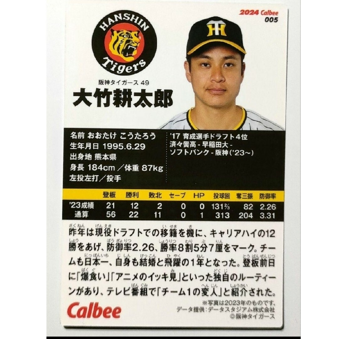 阪神タイガース(ハンシンタイガース)の大竹耕太郎 阪神タイガース 2024 プロ野球チップスカード 第1弾 エンタメ/ホビーのタレントグッズ(スポーツ選手)の商品写真