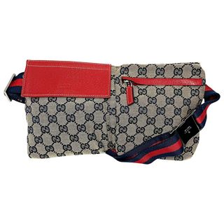 グッチ(Gucci)の☆☆GUCCI グッチ シェリー 28566 ベージュxレッドxネイビー ウエストバッグ メンズ シルバー金具 布袋有(ウエストポーチ)