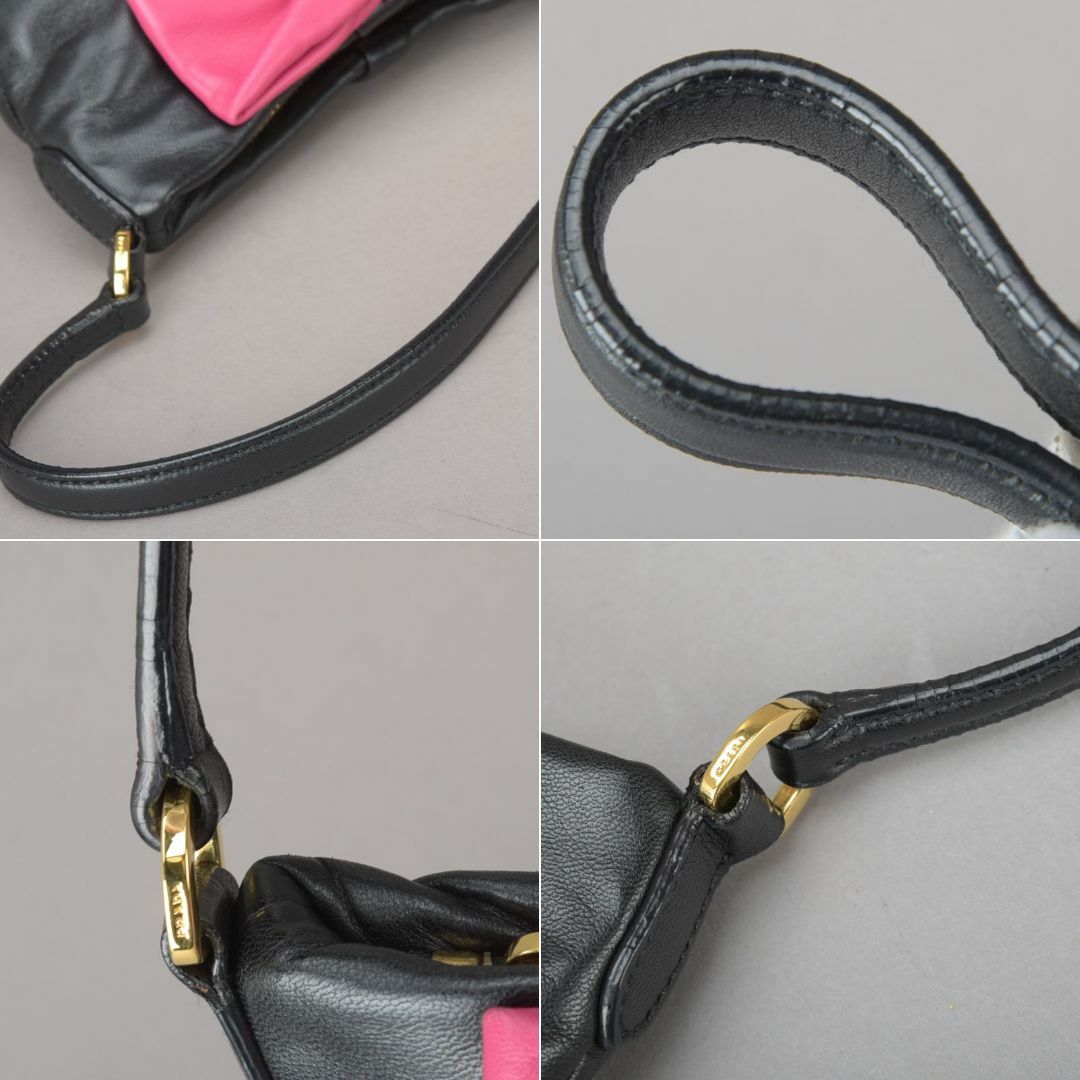綺麗♡プラダ リボン ハンドバッグ アクセサリーポーチ ナッパレザー 黒 ピンク 綺麗♡プラダ リボン ハンドバッグ アクセサリーポーチ ナッパレザー 黒 ピンク