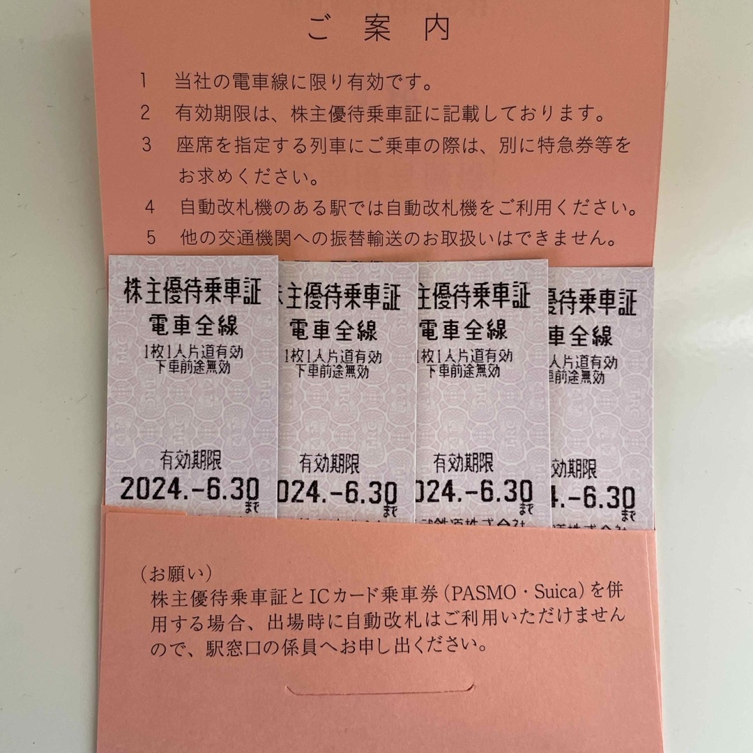 東武鉄道株主優待乗車券4枚【有効期限 2024年6月30日迄】 チケットの乗車券/交通券(鉄道乗車券)の商品写真