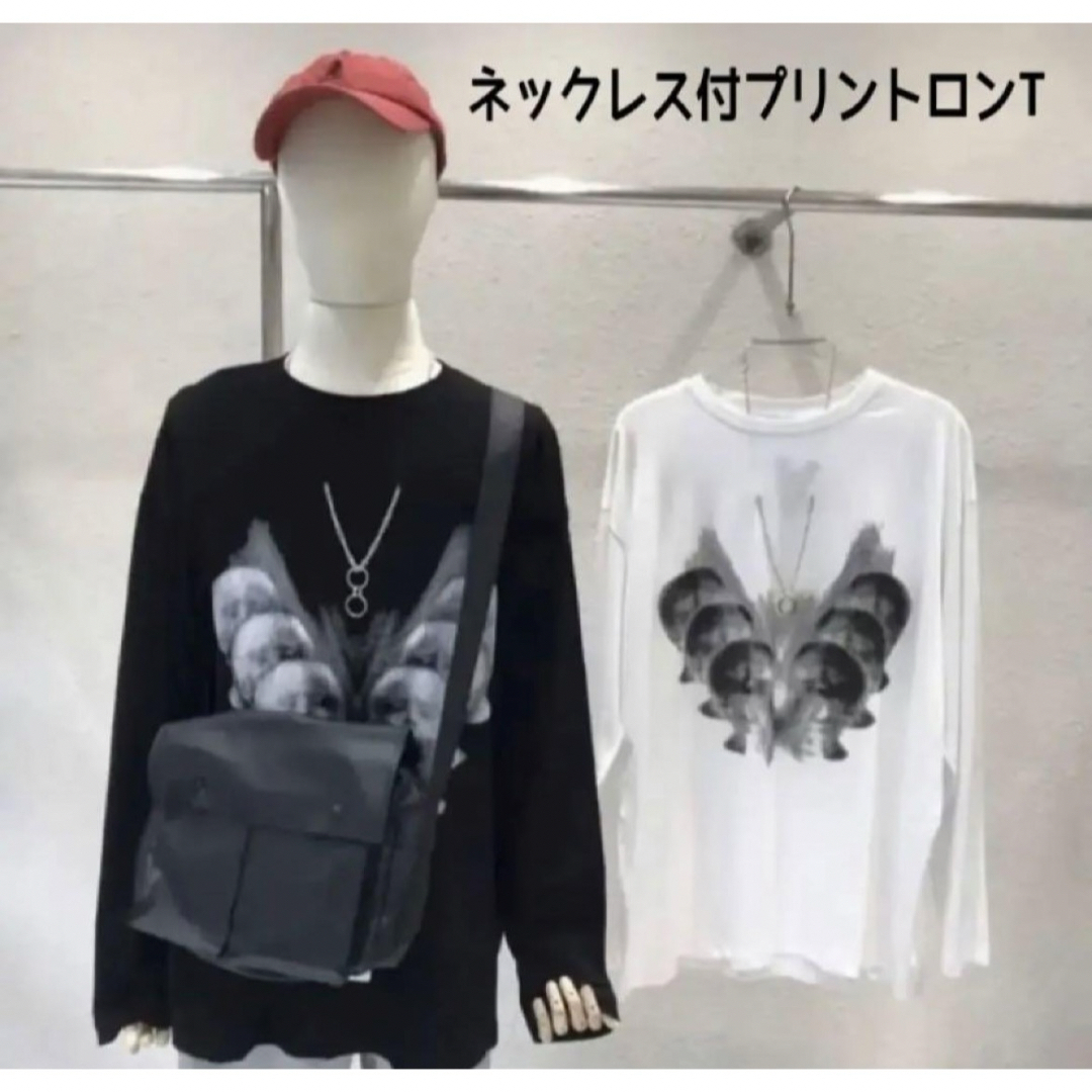 新品タグ付 ネックレス付フェイスプリント Tシャツ ロンT 長袖 白 M メンズのトップス(Tシャツ/カットソー(七分/長袖))の商品写真