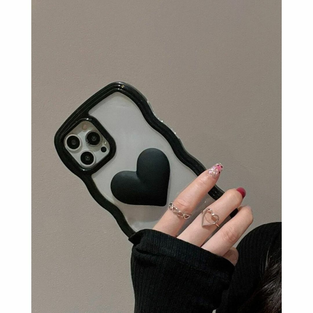 韓国 iPhoneケース 2way クリア ブラック 3Dハート ウェーブ 波々 スマホ/家電/カメラのスマホアクセサリー(iPhoneケース)の商品写真