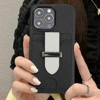 韓国 iPhoneケース ブラック カード入れ オシャレ シンプル(iPhoneケース)