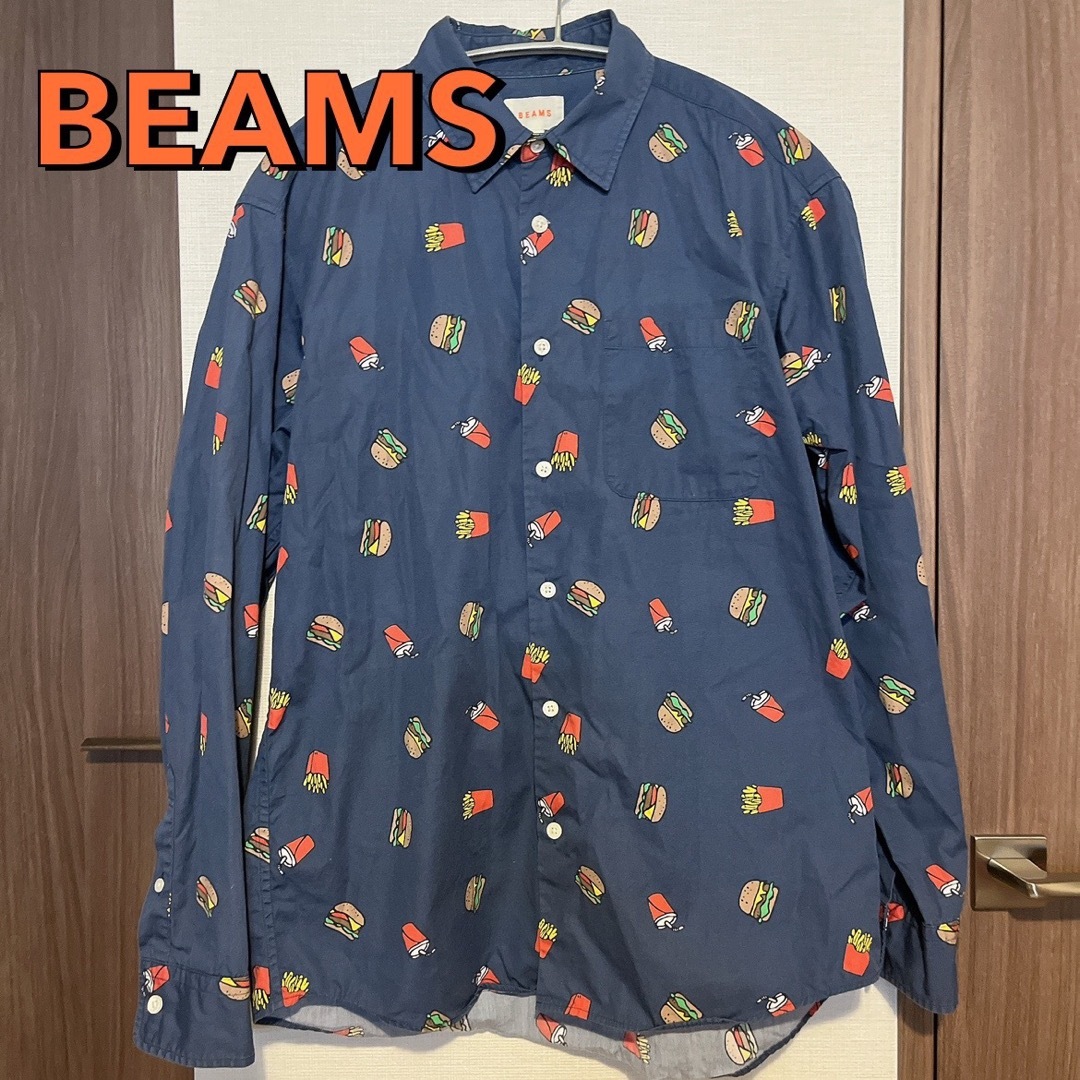 BEAMS(ビームス)のビームス　ハンバーガー　ポテト　柄シャツ　長袖シャツ　コットン　青　ブルー　春服 メンズのトップス(シャツ)の商品写真