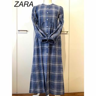 ザラ(ZARA)のZARA ザラ 長袖チェックロングワンピース フロントボタン XS ブルー(ロングワンピース/マキシワンピース)